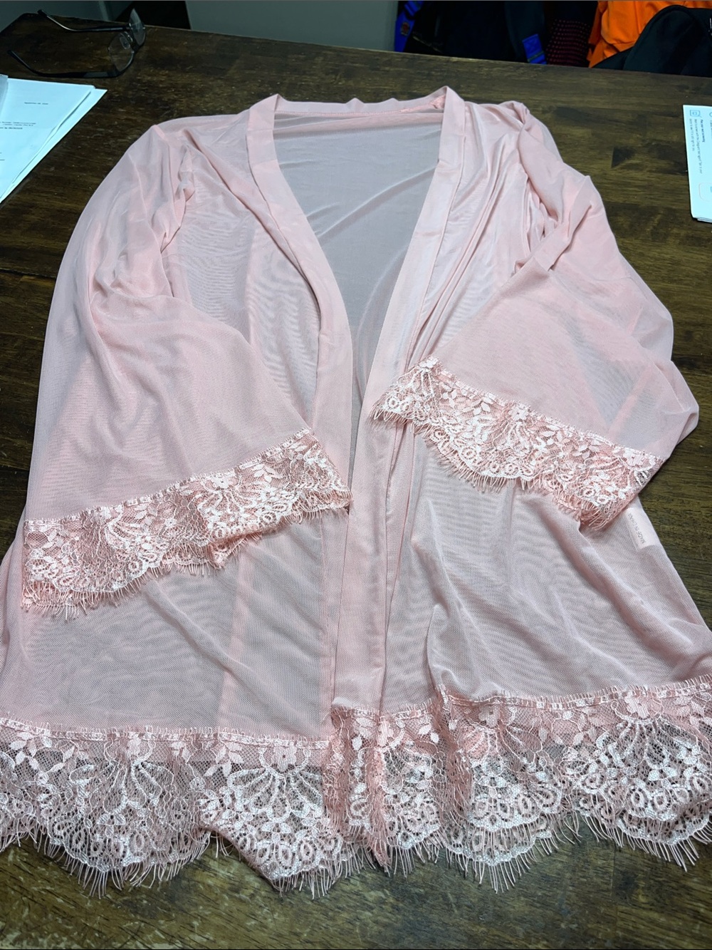 Sheer Lace-Trim Robe - Light Pink
